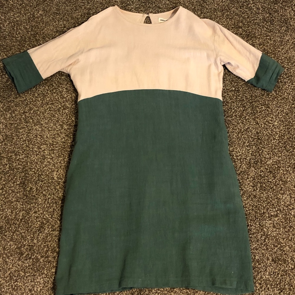 Linen midi dress green and cream color block
